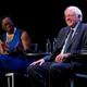 Nina Turner with then-Democratic presidential candidate Bernie Sanders during a campaign event for Sanders at the Apollo Theater in Harlem in April 2016